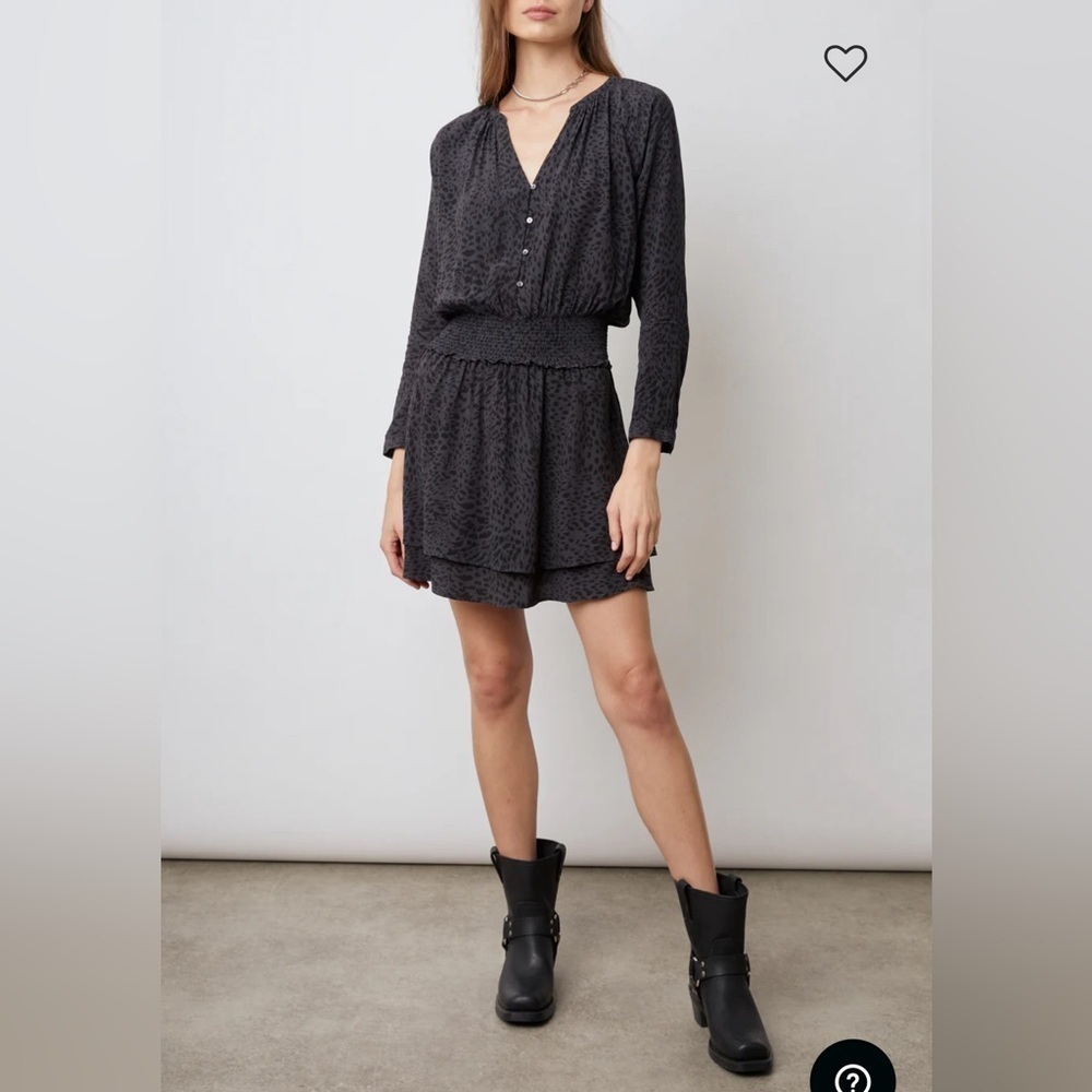 Rails Jasmine Boho Long Sleeve Smock Waist Mini Dress in Spotted Slate